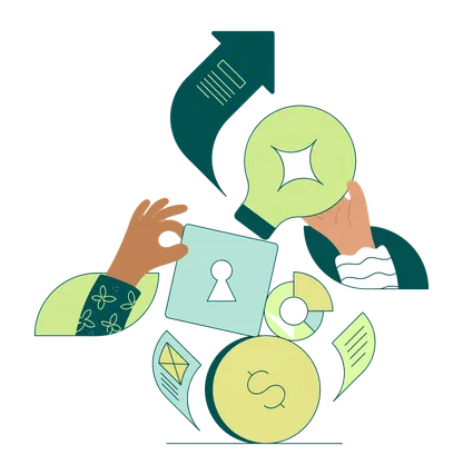 An image of two hands interacting with various objects: a keyhole, lightbulb, document, dollar sign, padlock, and upward arrow. The background is transparent, with primarily green and yellow colors.