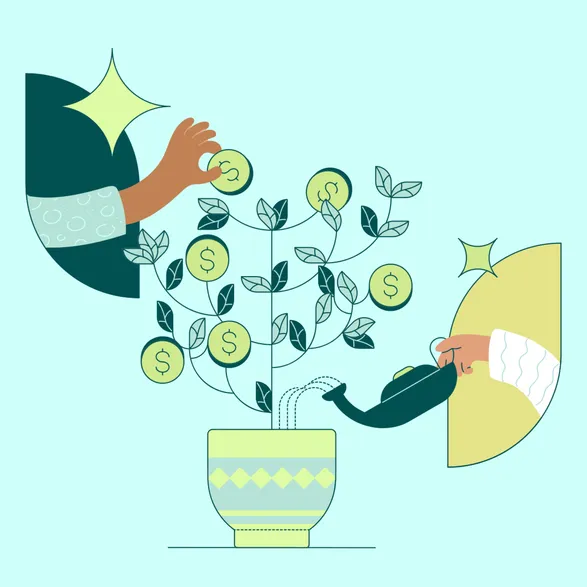 Illustration of two hands tending to a potted plant with dollar signs as leaves. One hand is watering the plant with a watering can, while the other hand is picking a dollar sign leaf. The background is a light green.