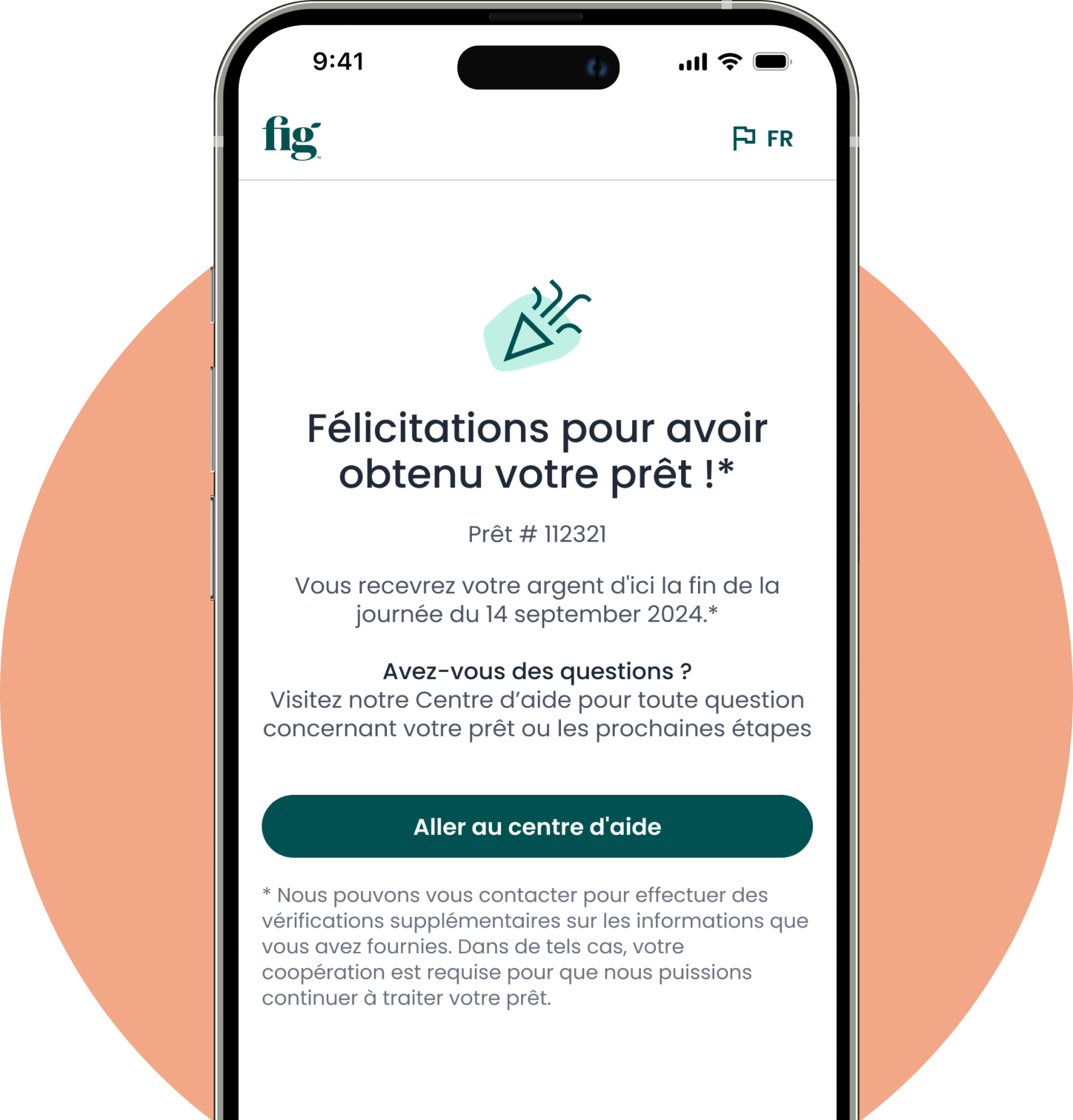 Écran de téléphone portable affichant la page de préqualification d’un prêt Fig.