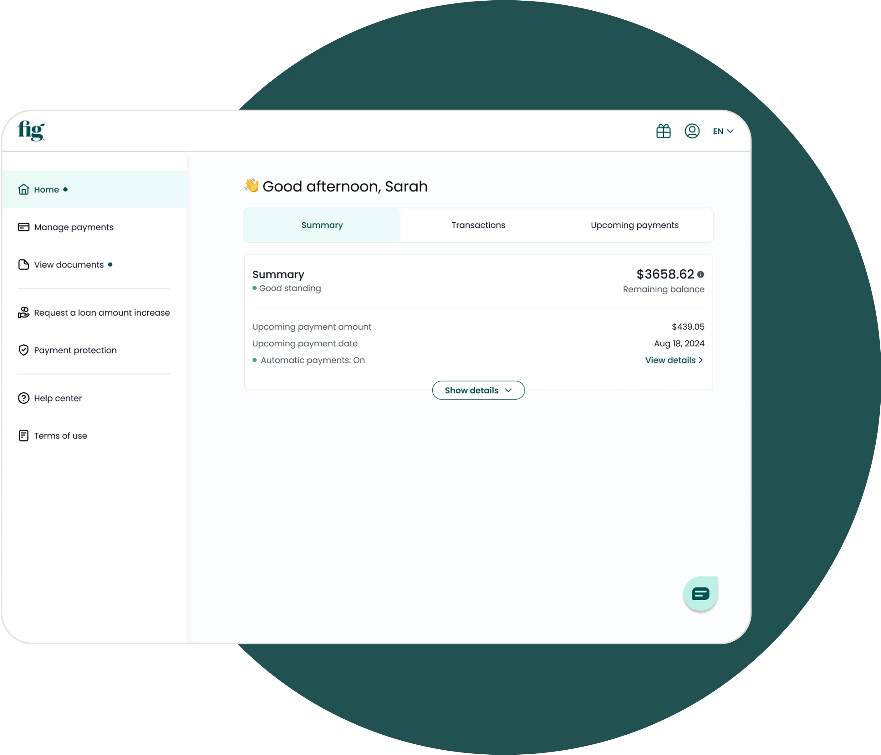 A screenshot of a loan management webpage from a company named 'fig'. It displays options to make a payment, change payment date, change payment amount, and change payment method. The summary section shows loan details like the total plan, remaining amount, interest rate, and next payment due date.