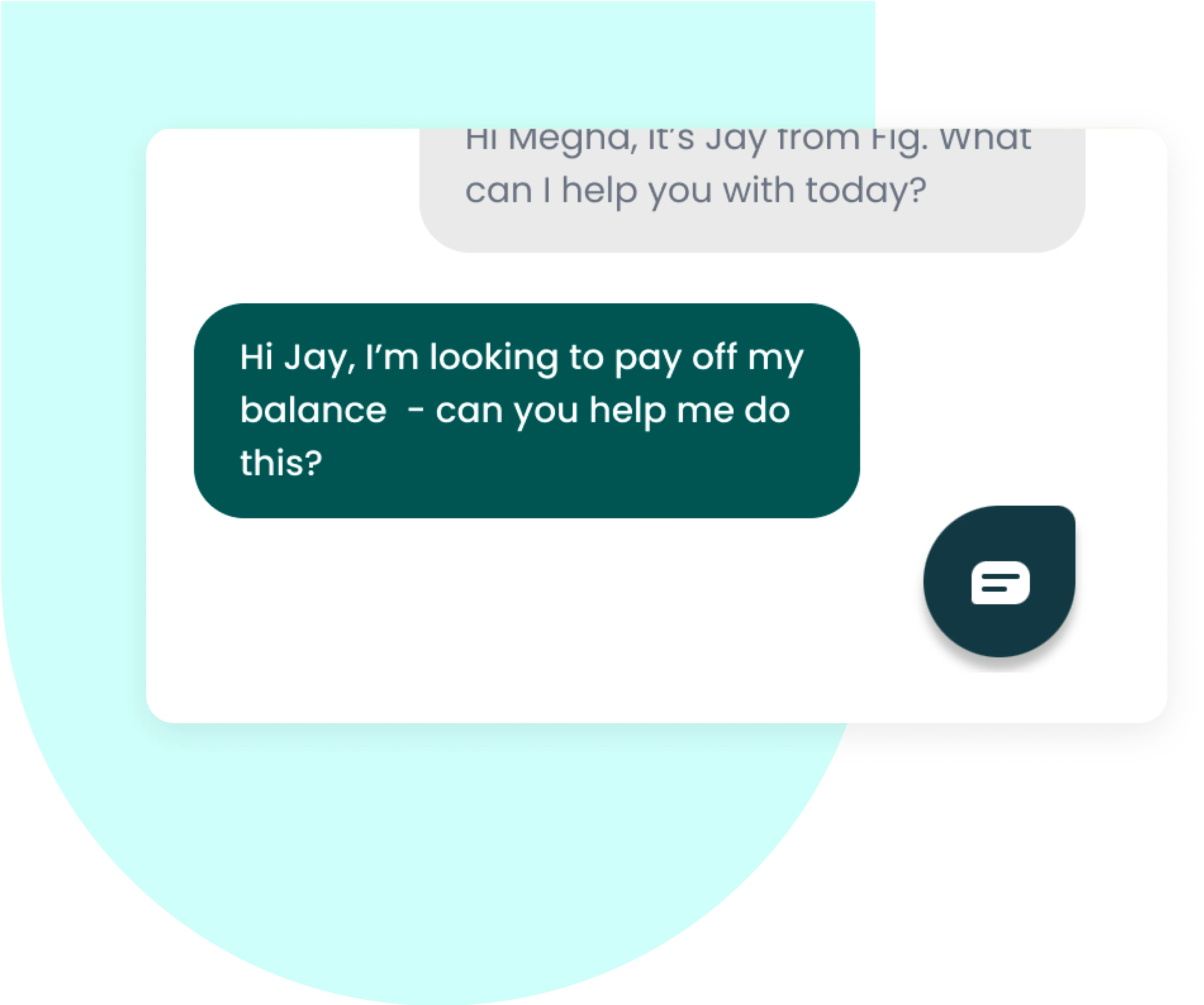 A chat window showing a conversation where a person named Jay is responding to someone named Meghan. Jay asks, 'Hi Jay, I'm looking to pay off my balance - can you help me do this?' 